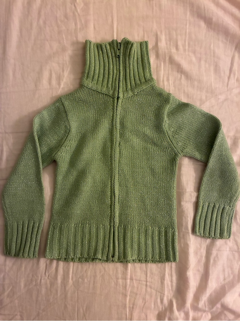 Kids Light Green and Glitter Zip-Up Turtleneck Sweater Jacket